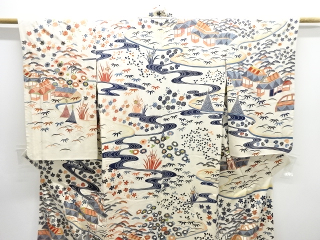  大正ロマン　錦紗流水に家屋風景模様一つ紋着物